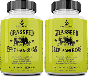 Ancestral Supplements Grass Fed Beef Pancreas Supplement, 500mg, Pancreatic Support with Proteolytic Digestive Enzymes for Digestion Support, Including Trypsin, Non GMO, 180 Capsules (Pack of 2)
