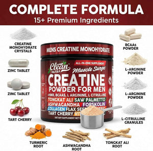 Clean Nutra Creatine Powder for Men + HMB BCAA L Arginine L Citrulline Tongkat Ali Saw Palmetto Ashwagandha Collagen Flax Seed Turmeric Preworkout Stevia Nitric Oxide L Glutamine Amino Acids
