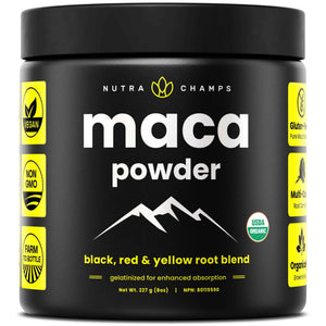 NutraChamps USDA Organic Maca Root Capsules for Women & Men, 2100mg, 180 Capsules, Black, Red & Yellow, Peruvian Maca Peruana, Extra Strength Pure Premium Gelatinized Root Powder Supplement