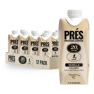Prés, Protein Coffee, Vanilla, High Protein, Real Cold Brew, 20g Protein, 1g Sugar, 100 Calories, No Added Sugar, Coffee, Protein, Kosher, Soy Free, Nut Free, Non-GMO, Low Carb (12 Pack) PRÉS buy supplements Au