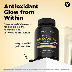 Vital Vitamins Astaxanthin 12mg Softgels for Skin Hydration & Elasticity | Natural Astaxanthin from Microalgae, Antioxidant Protection for Skin, Eyes & Exercise Recovery, Vegan, 60 Softgels