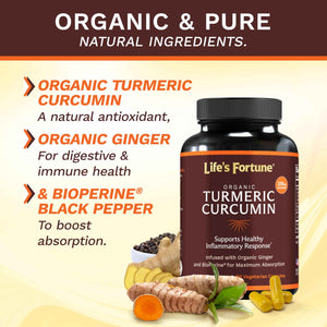 Life's Fortune Organic Turmeric Curcumin with Black Pepper and Ginger, Enhanced Absorption, Extra Strength Supplement, Joint & Immune Support, Non-GMO, 180 Cap - 2250mg