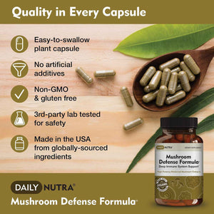 DailyNutra Mushroom Defense Formula - Immune Support Supplement | Organic Mushrooms, Hot Water Extracted - Reishi, Chaga, Maitake, Shiitake & Turkey Tail (90 Capsules)