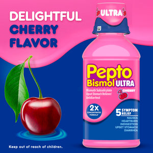 Pepto Bismol ULTRA Liquid for Nausea, Heartburn, Indigestion, Upset Stomach, and Diarrhea - 5 Symptom Fast Relief Medication for Adults, Cherry Flavor, 2x16 oz Pepto Bismol buy supplements Au