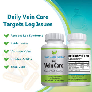 Coast to Coast Nutrition Daily Vein Care Supplement Capsules — Circulation Formula with a Natural Blend of Calcium, Vitamin D3, Vitamin K2 Plus BioPerine for Max Absorption Vein Formula — 60 Capsules Coast to Coast NutritionBuy Supplements Australia