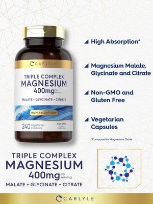 Carlyle Triple Magnesium Complex | 400 mg | 240 Capsules | Magnesium Malate, Glycinate & Citrate | Vegetarian, Non-GMO, and Gluten Free Supplement Carlyle buy supplements Au
