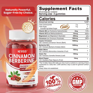 Ceylon Cinnamon Berberine Gummies 2000mg Sugar Free, Organic Berberine HCI Supplement with Ceylon Cinnamon, Bitter Melon, Green Tea, Chromium, Magnesium Glycinate & Methyl B12 for Women & Men, 120ct
