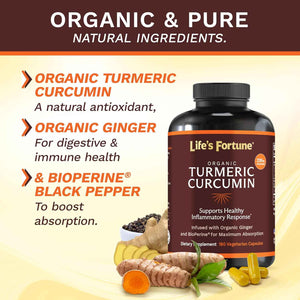 Life's Fortune Organic Turmeric Curcumin with Black Pepper and Ginger, Enhanced Absorption, Extra Strength Supplement, Joint & Immune Support, Non-GMO, 180 Cap - 2250mg