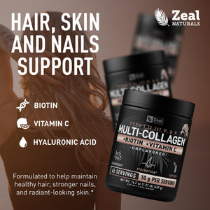 Zeal Naturals Multi Collagen Protein Peptides Powder Types I II III V X - Vitamin C, Biotin & Hyaluronic Acid - Hair, Skin & Nails - Marine, Bovine, Chicken & Eggshell - Unflavored, 45 Servings Zeal Naturals buy supplements Au