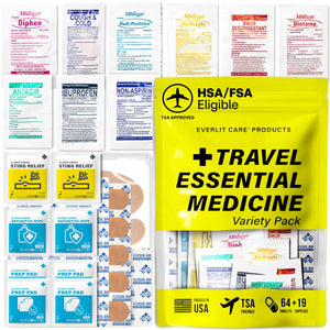EVERLIT CARE Travel Essential Medicine First Aid Kit I Bonus Medical Supplies I TSA Compliant Mini Size Medkit for Traveling Camping Trips Individually Packed 64 Tablets (Refill Pack) EVERLIT CARE buy supplements Au