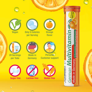 T&D German Multvitamin 10 Vitamins - 100 Vegan Drink Effervescent Tablets - Orange Flavor - Made in Germany T&D buy supplements Au