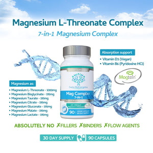 Magnesium L-Threonate Complex 7-in-1 with 1000mg of Magtein Plus Magnesium as Bisglycinate, Taurate, Citrate, Gluconate, Malate & Lactate - Supports Sleep - Vegan, US Made and No Artificial Nasties swiss bioenergetics buy supplements Au