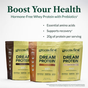 Greens First Dream Protein Powder Whey - 20g Protein Per Serving - Hormone-Free with Prebiotics - Non-GMO - No Artificial Sweeteners/MSG/Aspartame (Creamy French Vanilla, 26.5 oz) Greens First buy supplements Au