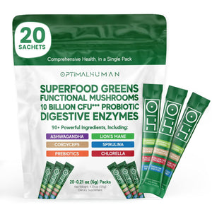 Optimal Human Superfood Greens Powder – 90+ Ingredient Blend with Lion’s Mane Supplement, Ashwagandha & Turmeric – Non-GMO, Soy-Free, Mushroom Supplements for Women – 20 Sachets O HBuy Supplements Australia