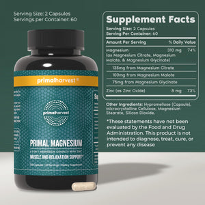 Magnesium Supplement Complex 310mg by Primal Harvest with Magnesium Glycinate, Citrate, Malate, and Zinc 120 Capsules Primal Harvest buy supplements Au