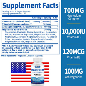 Magnesium Complex 12 in 1 Supplement for Women & Men 700mg, Magnesium Glycinate with Vitamin D3 K2, Citrate Malate Oxide Taurate Aspartate Orotate, for Relaxation, Heart, Energy, Muscle, 120 Capsules Qmiozzy buy supplements Au