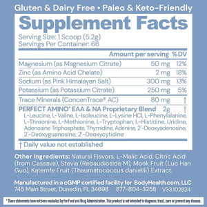 BodyHealth PerfectAmino Electrolytes Powder No Sugar, Hydration Fasting Keto Zero Sugar Electrolytes Drink Mix with Trace Minerals - NSF Certified for Sport - Watermelon - 66 Servings