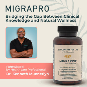 Dr. Munnerlyn MigraPro with Probiotics, Brain and Gut Health Support Supplement with Magnesium, Riboflavin, CoQ10, Ginger Root, Asian Ginseng, Vitamin C, Feverfew & Turmeric, Gluten Free, 90 Capsules Dr. Munnerlyn buy supplements Au