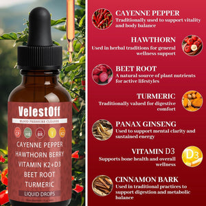 Velestoff Cayenne Pepper | Cayenne Heart & Circulation Blend – Botanical Extracts with Hawthorn, Beet Root, Turmeric, Vitamin K2 & D3 – Daily Wellness Drops (2 fl oz) (1) DFTLUUE buy supplements Au