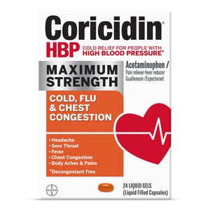 Coricidin HBP, Decongestant-Free Cold Symptom Relief for People with High Blood Pressure, Maximum Strength, Flu & Chest Congestion Liquid Gels, 24 Count Coricidin HBP buy supplements Au