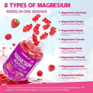 Pack of 2 Magnesium Complex Gummies 400mg, Magnesium Glycinate, Malate, Citrate, Taurate, Oxide & More | w/Ashwagandha Extract, D3 & B12 for Calm, Zzz, Relaxation, Raspberry Flavor, 120 Count YUULAI buy supplements Au
