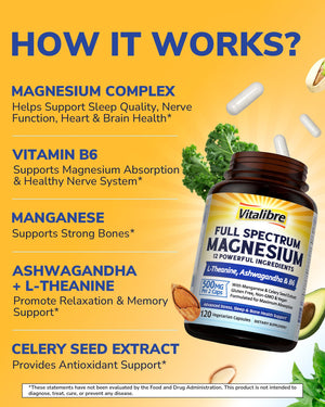 Vitalibre Magnesium Complex Supplement 500mg + Ashwagandha, L-Theanine, Vitamin B6 & Celery, High Absorption Magnesium Glycinate, Citrate, Malate, Sleep & Bone Support, 120 Vegan Capsules Vitalibre buy supplements Au