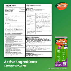 Children's Zyrtec Liquid, Kid's Antihistamine Syrup, Dye-, Sugar-, and Alcohol-Free, Pleasant Grape Flavor, Contains Cetirizine HCl Suitable for Ages 2 Years and Up, 8 fl oz Bottle Zyrtec buy supplements Au