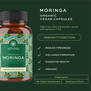 Aduna Organic Moringa Capsules 1500mg | 100% Pure Moringa Leaf for Energy, Immunity & Focus | Natural Plant-Based Food Supplement for Tiredness, Recovery & Breastfeeding | 180 Vegan Capsules AdunaBuy Supplements Australia