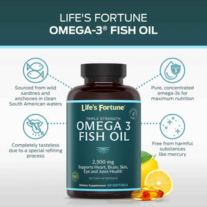 Life's Fortune Fish Oil Omega 3 Concentrate Supplement 2500 mg, 120 Softgels, High Potency, EPA & DHA Fatty Acid - Heart, Brain, Skin, Joints - Non GMO