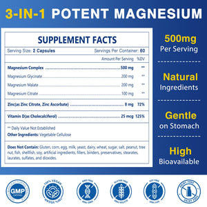 Magnesium Complex 500mg, Magnesium Glycinate, Malate & Citrate - High Absorption Chelated Triple Magnesium Supplement with Zinc, Vitamin D3 for Muscle, Nerve, Bone & Immune Support, Vegan 120 Capsules NATURE TARGET buy supplements Au