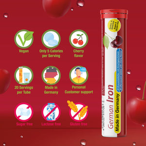 T&D German Iron 14 mg - 60 Vegan Drink Effervescent Tablets - Cherry Flavor - Made in Germany T&D buy supplements Au