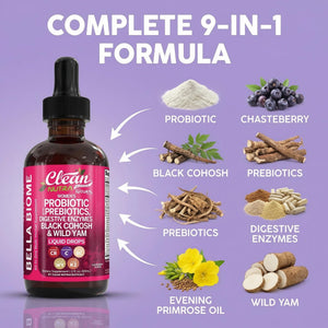 Liquid Probiotics for Women Drops with Chasteberry, Black Cohosh, Prebiotics, Digestive Enzymes, Evening Primrose Oil, Wild Yam, Cranberry Dmannose and Iron Vitamin D3 K2 Clean Nutra Bella Biotics Clean Nutraceuticals buy supplements Au