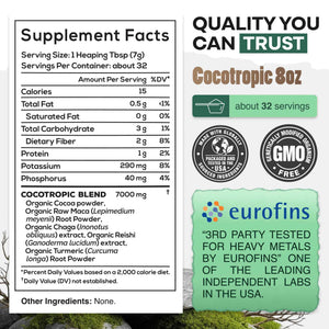 Organic Cocotropic Mushroom Hot Cocoa - Mushroom Coffee Alternative | Sugar Free Hot Chocolate | Organic Cocoa Powder, Reishi Mushrooms, Chaga, Maca Root, Turmeric | Delicious Sustained Focus, Energy & Mood Without Jitters | 16oz