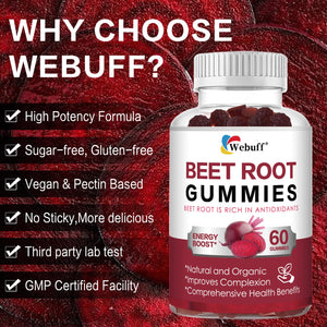 Webuff Beet Root Gummies - Nitric Oxide Booster with Organic Beet, Pomegranate & Grape Seed, Vitamin B12 - Energy, Circulation & Heart Health Support, Vegan, Non-GMO, 60 Count (Pack of 1) Webuff buy supplements Au