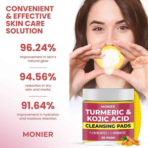 Turmeric Kojic Acid Cleansing Pads for Face Dark Spots - Hydrates & Plumps | With Vitamin C & E, Sensitive Skin Friendly (50 Pads)