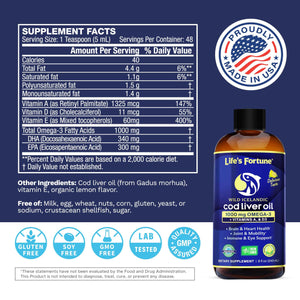 Life's Fortune Cod Liver Oil Liquid Lemon Flavor Organic Supplement with DHA, EPA 1000 mg High Potency Omega-3s + Vitamin A, E & D3 - Supports Immune, Joints, Eyes, 16 Fl Oz (Pack of 1)