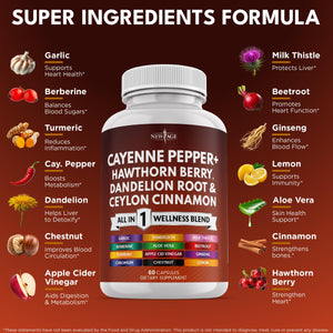 NEW AGE Cayenne Pepper Capsules Supplement with Hawthorn Berry, Dandelion Root, Ceylon Cinnamon, Garlic, Ginger, ACV, Milk Thistle, Beet Root, Aloe Vera - 120 Count NEW AGE buy supplements Au
