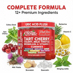 Clean Nutra Tart Cherry Gummies Uric Acid Flush Celery Milk Thistle Bromelain Vitamin C Magnesium Citrus Bergamot Ginger Stinging Nettle Leaf Chamomile Berberine Quercetin Support 60 Gummy Vitamins Clean NutraceuticalsBuy Supplements Australia