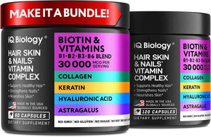 IQ BIOLOGY Biotin Bundle for Hair Growth with Collagen & Keratin for Hair Loss & Thinning Hair - Hair Skin and Nails Vitamins for Women & Men - Healthy Regrowth, Skin Glow & Nail Repair - 180 Caps
