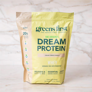Greens First Dream Protein Powder Whey - 20g Protein Per Serving - Hormone-Free with Prebiotics - Non-GMO - No Artificial Sweeteners/MSG/Aspartame (Creamy French Vanilla, 26.5 oz) Greens First buy supplements Au