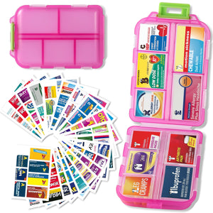 Pill Organizer with Medicine Labels Travel Daily Pill Container Mini Medication Organizer Storage Pill Organizer Travel Essentials Pill Case 7 Day (Pink & 161 Lables) iouwei buy supplements Au