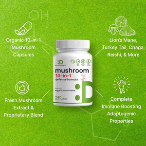 Organic 10-in-1 Mushroom Supplement, 240 Capsules – Lions Mane, Turkey Tail, Reishi, Cordyceps & More Mushroom Complex – Immune, Energy & Nootropic Brain Support – Non-GMO