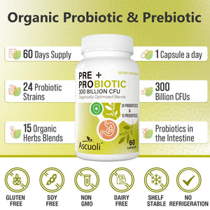 Ascuoli Probiotics for Women & Men - 300 Billion CFU, 24 Strains Probiotics + 15 Organic Herbs Blend, Daily Probiotic for Digestive Health, - PrimeBioHealth - canada supplements