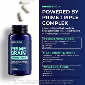 BONE SCIENCE Prime Brain Memory & Focus Support Supplement for Adults, Alpha GPC, Ginkgo Biloba, L-Theanine, Rhodiola, L-Tyrosine & Guarana, Cognitive Support Formula, 60 Capsules - PrimeBioHealth - canada supplements