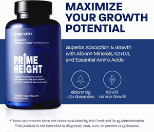 BONE SCIENCE Primeheight Bone & Growth Support with Calcium, Vitamin D3, K2, Magnesium, Zinc - Nutrient-Based Vegan Immune Formula, Non-GMO, 120 Tablets - PrimeBioHealth - canada supplements