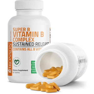 Bronson Super B Vitamin B Complex Sustained Slow Release (Vitamin B1, B2, B3, B6, B9 - Folic Acid, B12) Contains All B Vitamins 60 Tablets - PrimeBioHealth - canada supplements