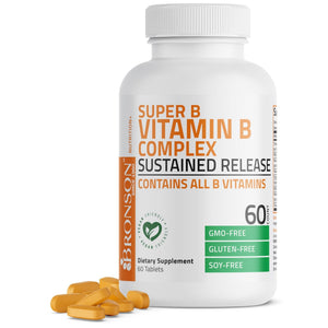 Bronson Super B Vitamin B Complex Sustained Slow Release (Vitamin B1, B2, B3, B6, B9 - Folic Acid, B12) Contains All B Vitamins 60 Tablets - PrimeBioHealth - canada supplements