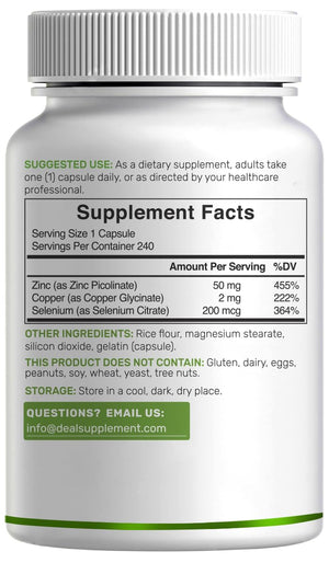 Deal Supplement Zinc 50mg with Selenium + Copper, 240 Capsules, 8 Month Supply, 3 in 1 Mineral Formula, Zinc Picolinate Complex Supplement - PrimeBioHealth - canada supplements