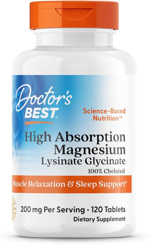 Doctor's Best High Absorption Magnesium Glycinate Lysinate Supplement for Sleep Support - Chelated Magnesium Tablets for Women & Men, 200mg per Serving, Supports Calm & Relaxation, Vegan - 240 Count - PrimeBioHealth - canada supplements