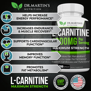 DR. MARTIN'S NUTRITION Extra Strength L-Carnitine - 200 Capsules - 1000mg Per Serving - Boost Your Metabolism and Increase Performance - PrimeBioHealth - canada supplements